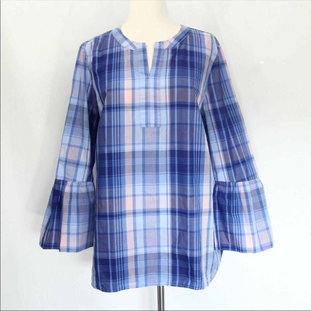Talbots Blue and Pink Plaid Bell Sleeve